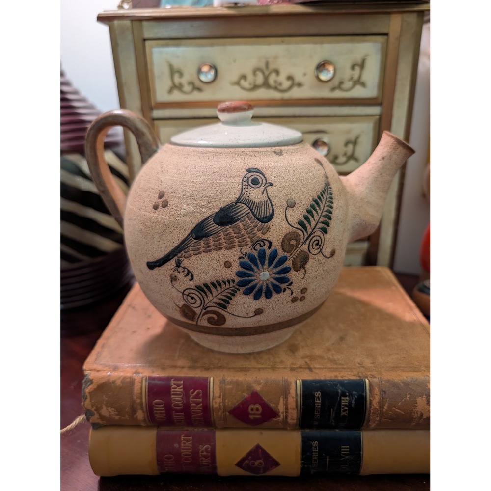Vintage Tonala Mexico Stoneware Teapot Hand Painted Bird Floral Folk Art 6.5"